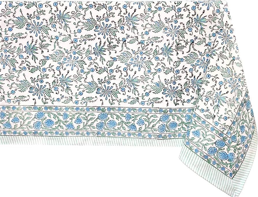 ATOSII Aster Blue 100% Cotton Rectangle Boho Fall Tablecloth, Handblock Floral Table Cloth Linen ... | Amazon (US)