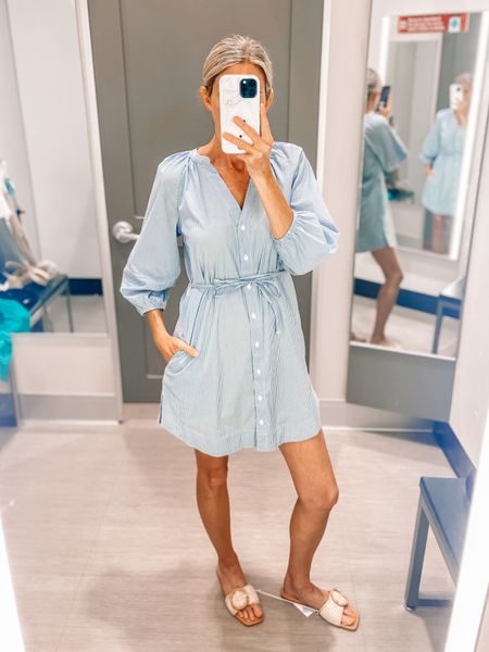 Target striped shirt dress 
Wearing an XS 
Sandals are SO cute and comfy with memory foam padding! Under $25 🙌

#LTKWorkwear #LTKShoeCrush #LTKFindsUnder50