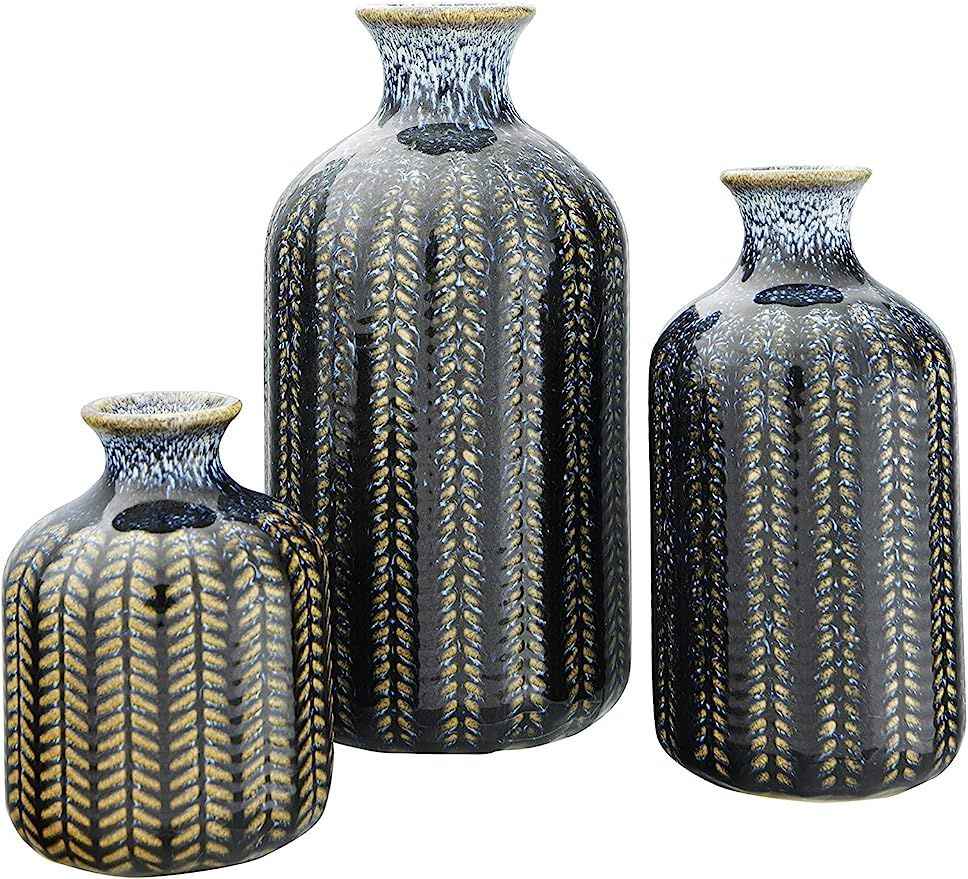 Creative Co-Op Embossed Stoneware Reactive Glaze Finish (Set of 3 Sizes) Vase Set, Blue | Amazon (US)