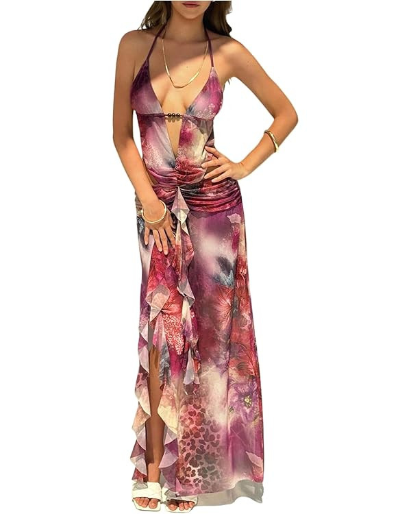 Milumia Women's Floral Tie Dye Print Halter Maxi Dress Sexy Deep V Neck Mesh Ruffle Slit Hem Summ... | Amazon (US)