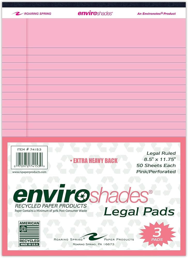 ROARING SPRING Enviroshades Recycled Legal Pads, 50 Sheets, 8.5" x 11.75", Pink, Pack of 3 | Amazon (US)