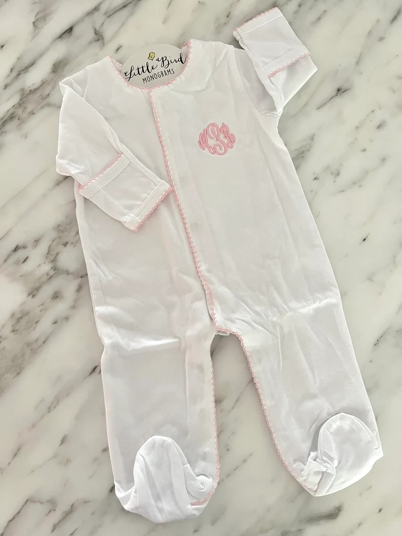 Monogrammed Baby Pajama's, White Footie Pjs With Pink Picot Trim, Coming Home Outfit, Personalize... | Etsy (US)