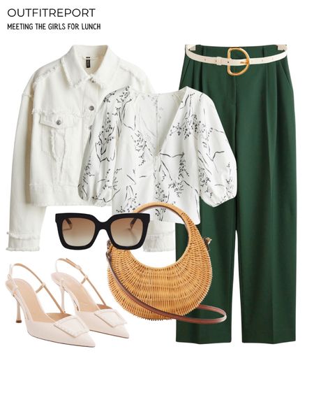 Green trousers white belt white denim jacket sling backs floral top woven handbag 

#LTKshoecrush #LTKitbag #LTKstyletip