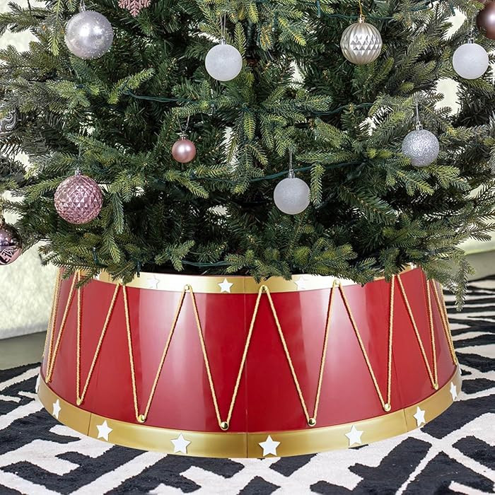 28.4" Festive Drum Design Christmas Tree Ring, Stunning Mirror Finish Xmas Tree Skirt - Red and G... | Amazon (US)