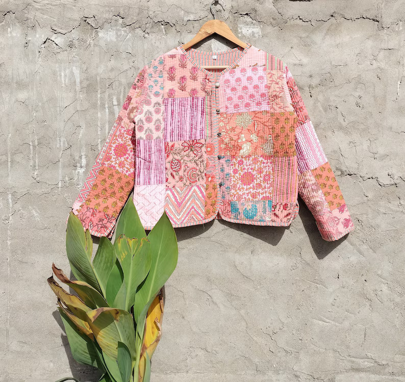 Cotton Quilted Jacket Women Wear Front Open Kimono Stripe piping HandMade Vintage Quilted Jacket ... | Etsy (US)