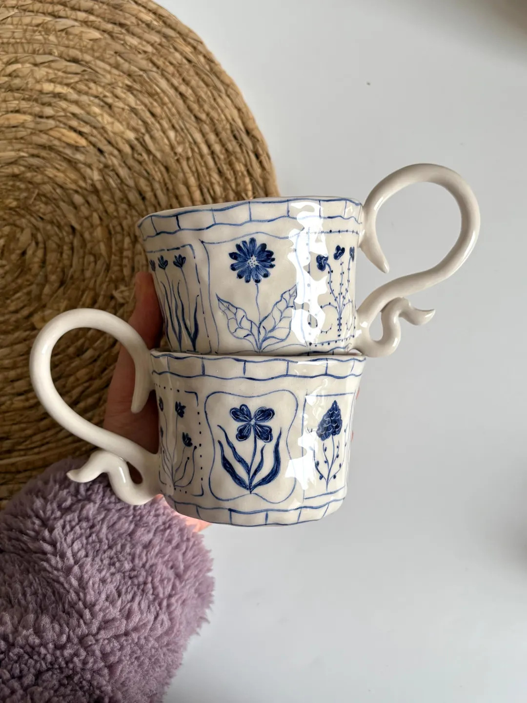 Handmade Blue Floral Ceramic Mugs - Hand Painted Rustic Ceramic Tea Cups - Bloom Tarot Cards Mug ... | Etsy (US)