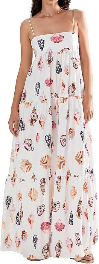 Women Floral Boho Maxi Dress Graphic Spaghetti Strap Long Dress Tiered Flowy Cami Dress Backless ... | Amazon (US)