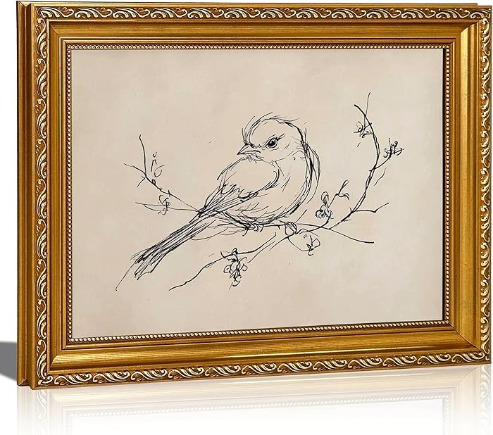 Vintage Gold Framed Wall Art Minimalism Retro Bird Sketch Canvas Wall Decor Farmhouse Animals Ske... | Amazon (US)