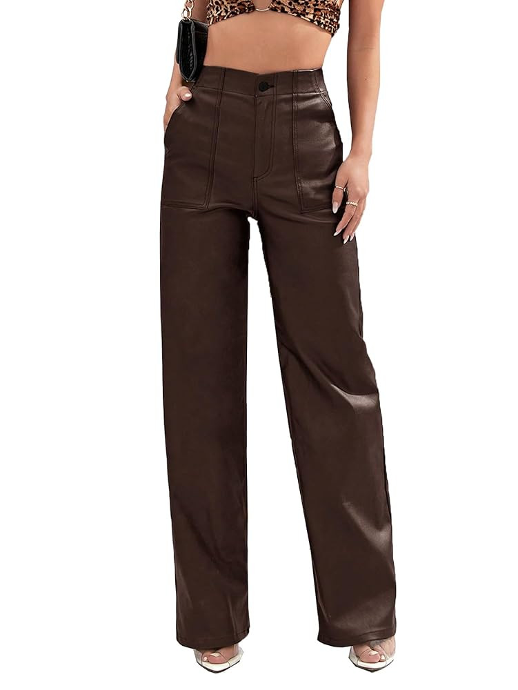 Faux Leather Pants High Waist Coated PU Button Straight Leather Black Leggings Wide Leg Pants wit... | Amazon (US)