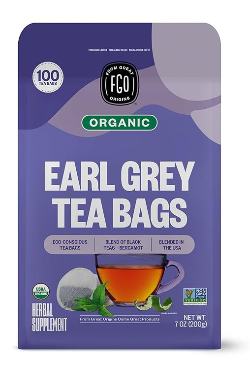 FGO Organic Earl Grey Black Tea, 100 Count, Eco-Conscious Tea Bags, Resealable Bag, Packaging May... | Amazon (US)