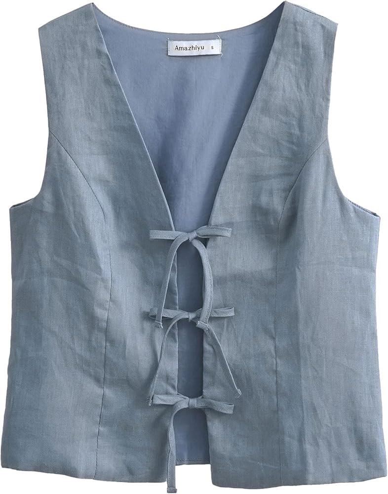 Amazhiyu Women's 100% Linen Tie Front Crop Tops Sleeveless Summer Casual Vest | Amazon (US)