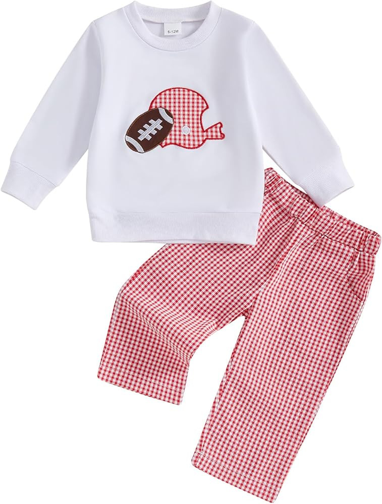 Adobabirl Toddler Baby Boy Football Outfit Rugby Embroidery Long Sleeve Shirt Plaid Pants Set Gam... | Amazon (US)