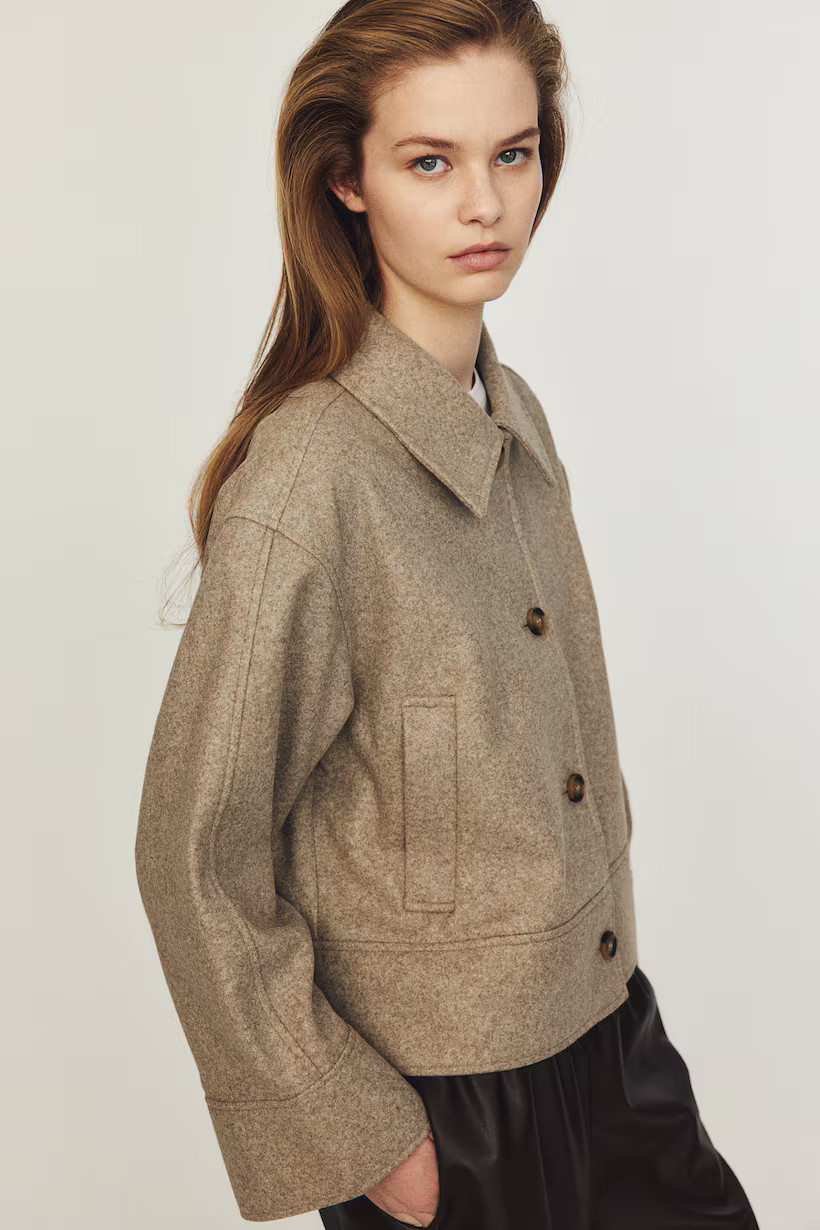 Felted jacket - Long sleeve - Short - Beige marl - Ladies | H&M GB | H&M (UK, MY, IN, SG, PH, TW, HK)