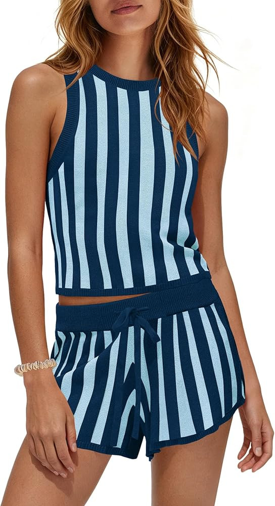 SENSERISE Womens Striped Lounge Set Racerback Tank Tops High Waisted Shorts 2 Piece Sweater Sets ... | Amazon (US)