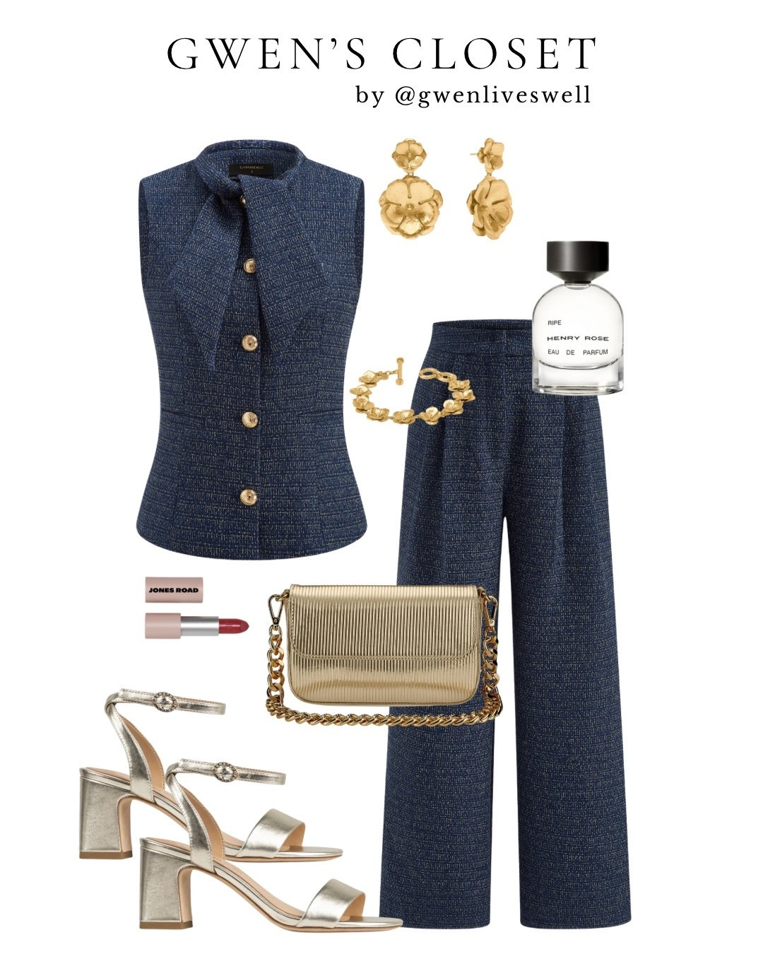 There’s something about navy and gold that always feels so polished. 💙✨ 

This matching vest and wide-leg pant set from @Commense has such pretty texture and gold button details that make it feel a little more elevated. I played those up with gold jewelry, metallic heels and a gold bag, then added a favorite fragrance and lip color to finish the look. Perfect for dinner, an event or anytime you want to feel pulled together without trying too hard.

Enjoy 12% off Commense sitewide with code GWENLIVESWELL_12

#tweedset #commense

#LTKootd #LTKgrwm #LTKOver40