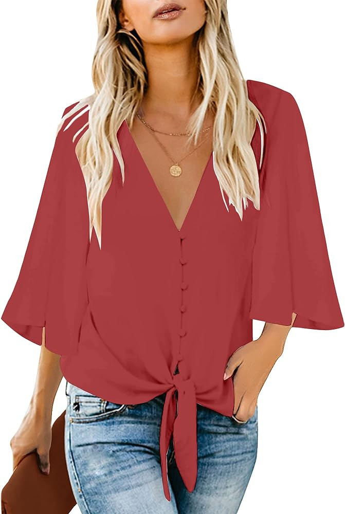 luvamia Women's Casual V Neck Tops 3/4 Sleeve Tie Knot Blouses Solid Button Down Shirts | Amazon (US)