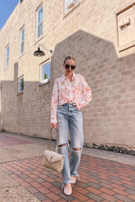 Floral print shirt, distressed denim, mesh crystal ballerina flats, spring outfit 

#LTKshoecrush #LTKfindsunder100 #LTKfindsunder50