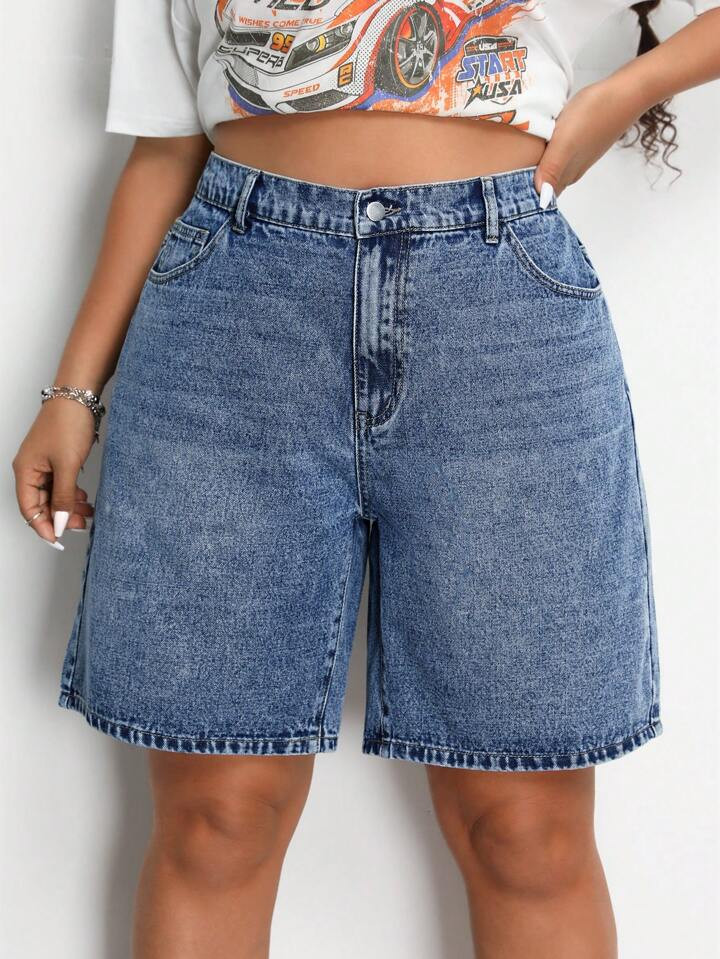 SHEIN EZwear Plus Size Water Wash Slanted Pocket Straight Leg Denim Shorts | SHEIN USA | SHEIN