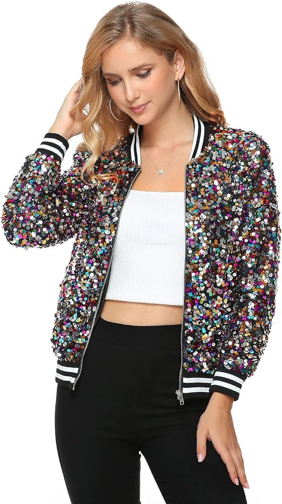 Yutuwomsfushi Womens Long Sleeve Sequin Open Front Zipper Jacket with Ribbed Cuffs | Amazon (US)