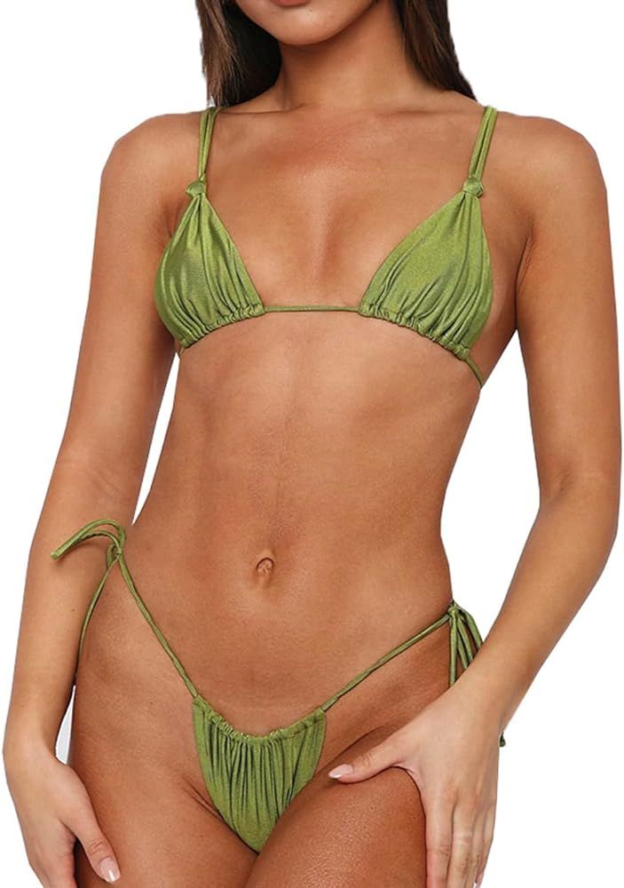 Womens Sexy Bikini Set, Thong Bikini Sets Cheeky Two Piece Swimsuits Double Shoulder Straps Swimw... | Amazon (US)