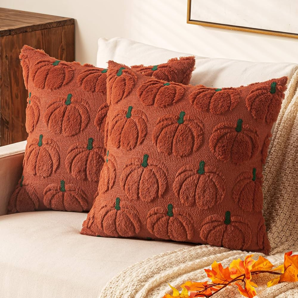 EMEMA Fall Embroidered Pumpkin Throw Pillow Covers 18x18 Set of 2, Autumn Decor Cushion Cases for... | Amazon (US)