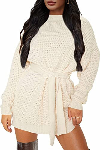 ZESICA Women's Fall Long Sleeve Solid Color Waffle Knitted Tie Wasit Tunic Pullover Sweater Dress,Beige,Large | Amazon (US)