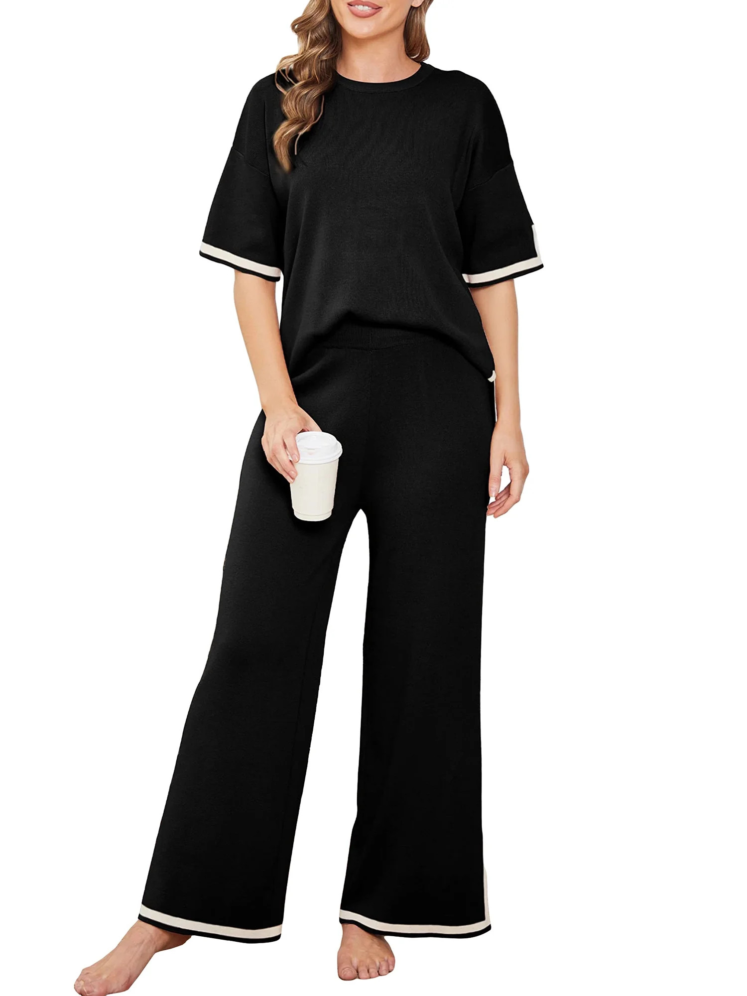 Wytyjxccyy Womens Knit 2 Piece Sweater Sets Short Sleeve Pullover Tops Elastic Waist Wide Leg Pan... | Walmart (US)