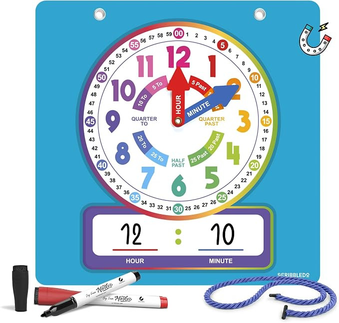 Scribbledo Dry Erase Teaching Clock Magnetic Learning Clock Board, 13×13 Inches, Includes 2 Mark... | Amazon (US)