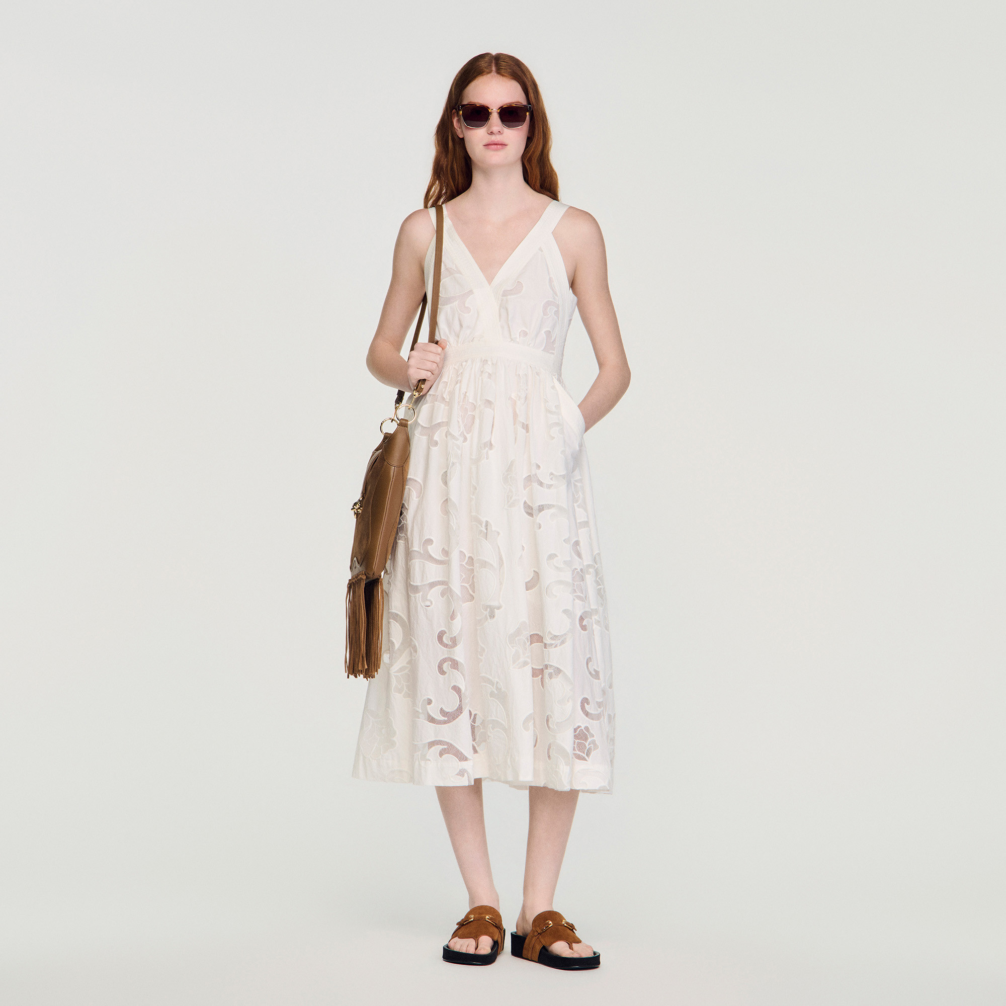 Openwork floral cotton midi dress | Sandro US | Sandro-Paris US