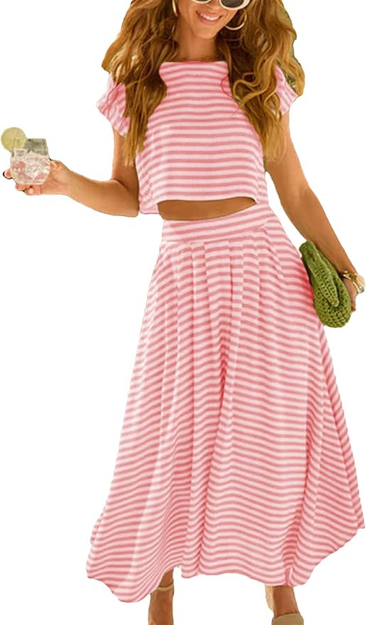 Women's Summer 2 Piece Outfits Striped Skirt Sets Cap Sleeve Crop Top Midi Dress Matching Travel ... | Amazon (US)