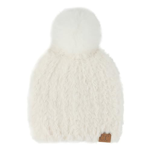 C.C Faux Fur Pom Beanie for Women - Stretchable Soft Warm with Faux Fur Pom Knit Winter Skully Hat (Ivory) | Amazon (US)