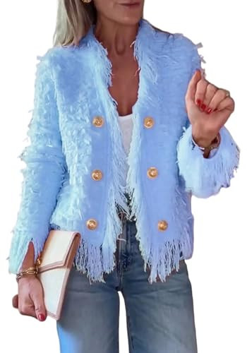 LETSVDO Women Tweed Jacket Cropped Plus Size Fringe Textured Houndstooth Blazer Professional Western Cardigan Suit Coat Blue | Amazon (US)