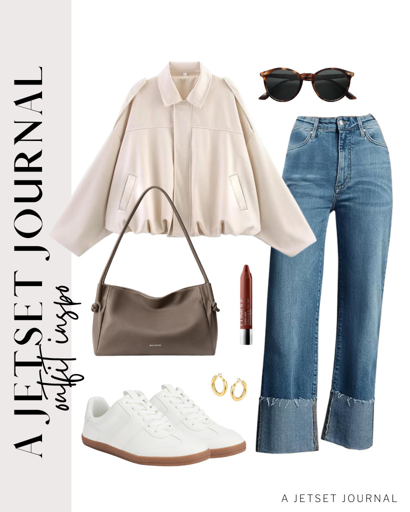 This first outfit is a combo of a faux suede bomber jacket and KUNMI straight-leg jeans, which go well with Amazon Essentials low-top retro sneakers. You can use this BOSTANTEN shoulder bag and SOJOS retro polarized sunnies to complement this fit. 

 #LTKSeasonal #LTKSaleAlert #LTKTravel