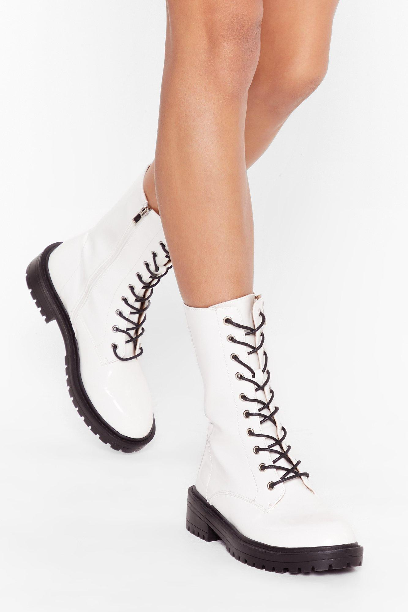 Womens Calf-High Faux Leather Lace-Up Boots - White | NastyGal (US & CA)