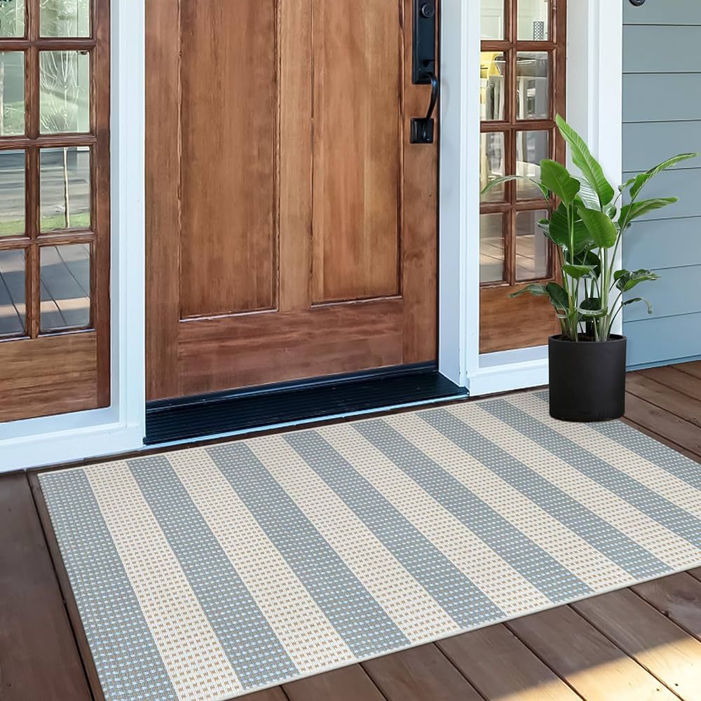 OJIA Outdoor Porch Rug Front Door Mat 24'x51, Washable Checkered Rug Blue and White Striped Front... | Amazon (US)