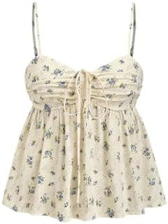 CIDER Floral Print Tie Sweetheart Neck Ruffle Hem Shirred Cami Top Sleeveless Casual Cute Women's... | Amazon (US)