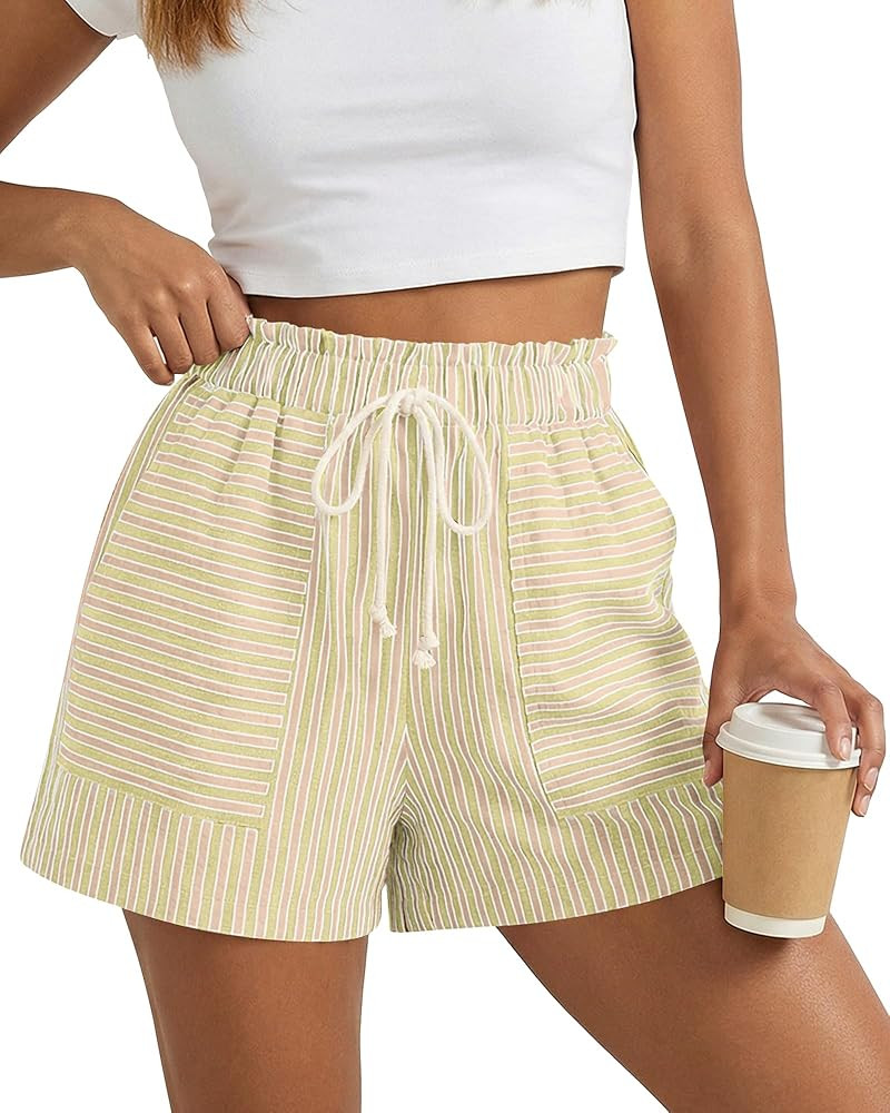 BTFBM Striped Summer Shorts for Women 2026 Loose Spring Casual Elastic Waist Lounge Resort Wear V... | Amazon (US)