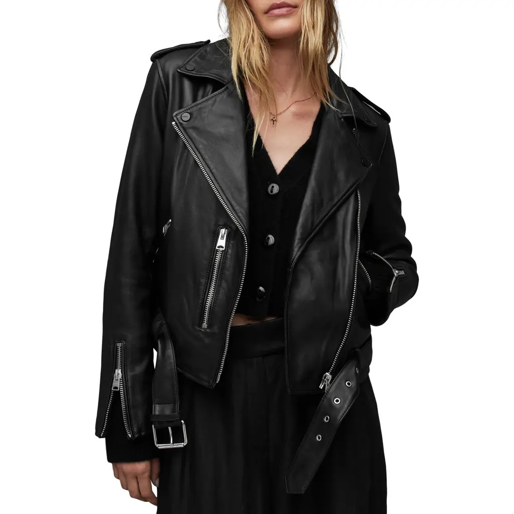 AllSaints Balfern Leather Biker Jacket in Black at Nordstrom, Size 12 | Nordstrom