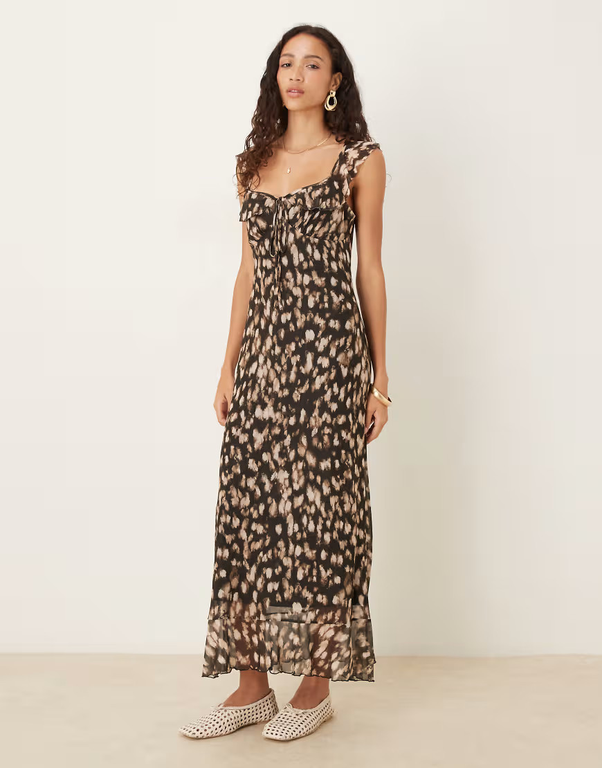 ASOS DESIGN mesh double frill midi tea dress in abstract animal print-Multi | ASOS (Global)