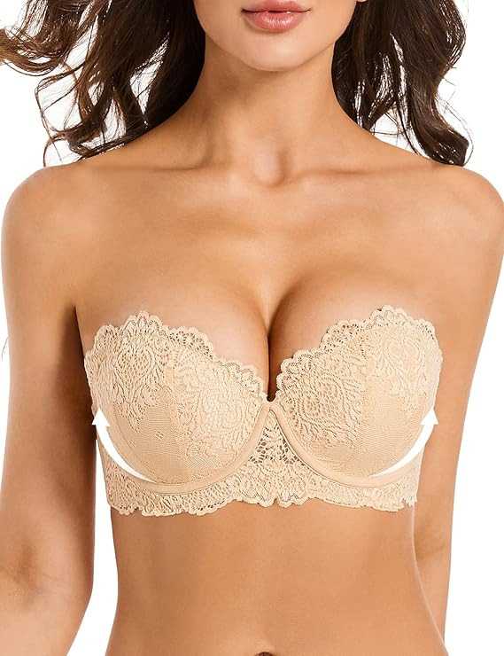 Amafuur Push Up Strapless Lace Bra Heavily Padded Add 2 Cup with Clear Straps Multiway Sexy Balco... | Amazon (US)