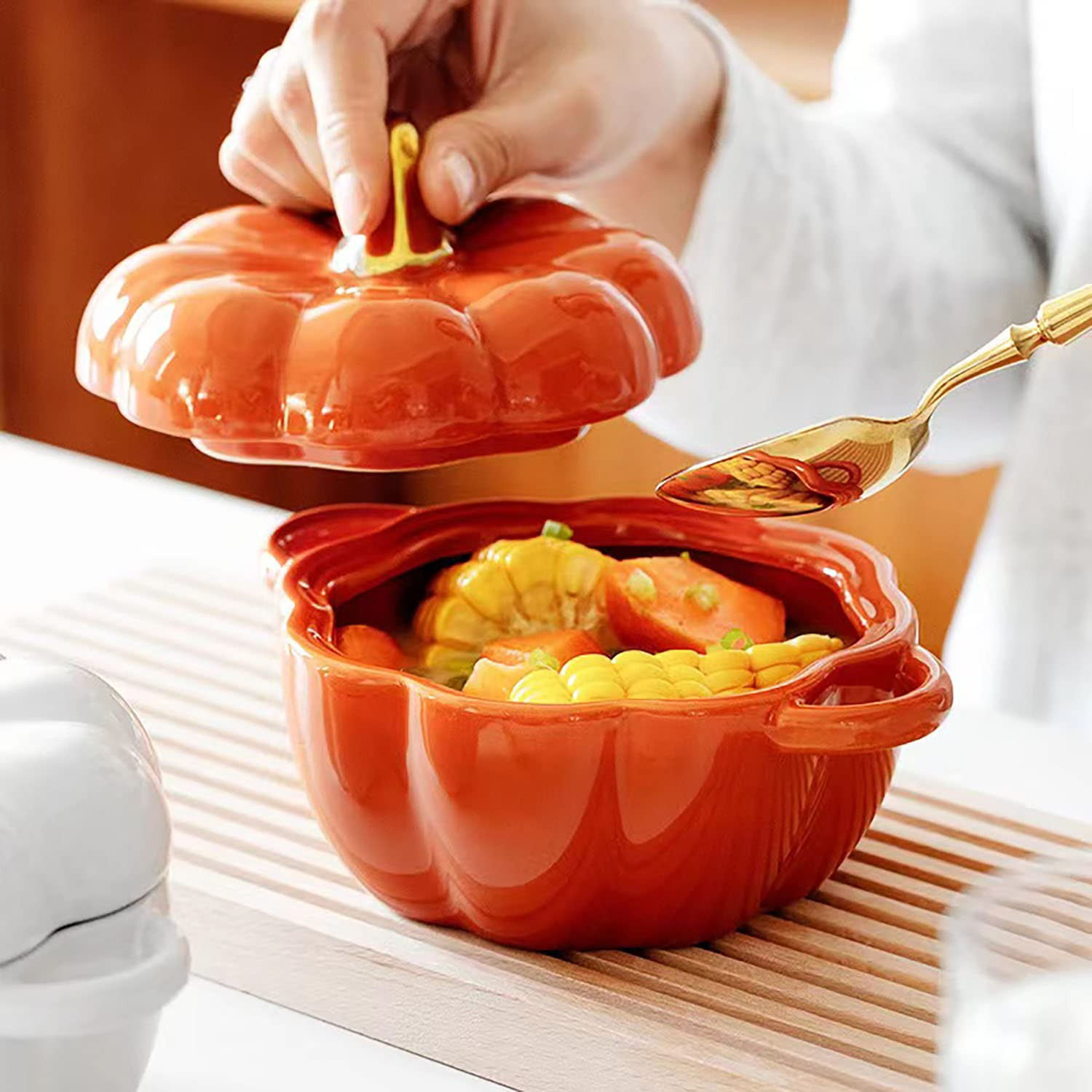 Pumpkin Bowl Set with Lid and Handle, Set of 2 Ceramic Ramekins for Baking, Casserole Dish Indivi... | Amazon (US)