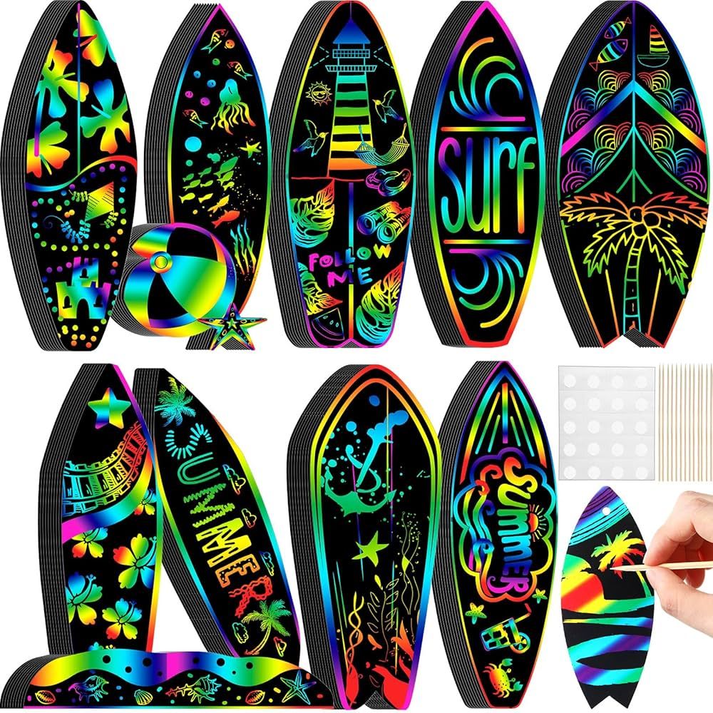 Motionchic 80 Pieces Surfboard Scratch Cards Rainbow Summer Surfing Themed Paper Crafts for Kids ... | Amazon (US)