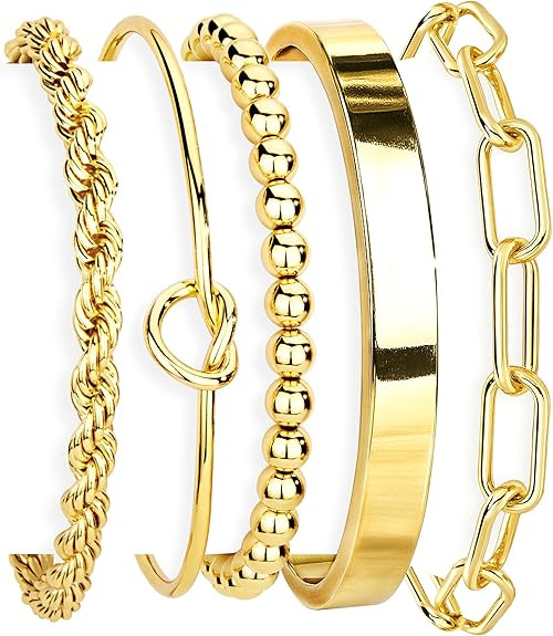Gold Bracelets Set for Women Non Tarnish, 14K Gold Plated Sterling Silver Chunky Cuff Bracelet St... | Amazon (US)