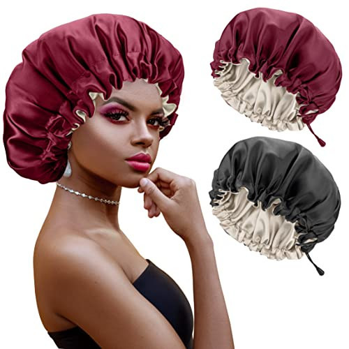 Atudew Satin Bonnet, 2PCS Silk Bonnet, Hair Cap for Curly Hair Sleeping, Black & Burgundy | Amazon (US)