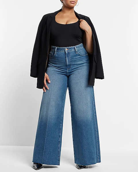 Super High Waisted Medium Wash Raw Hem Baggy Wide Leg Jeans | Express