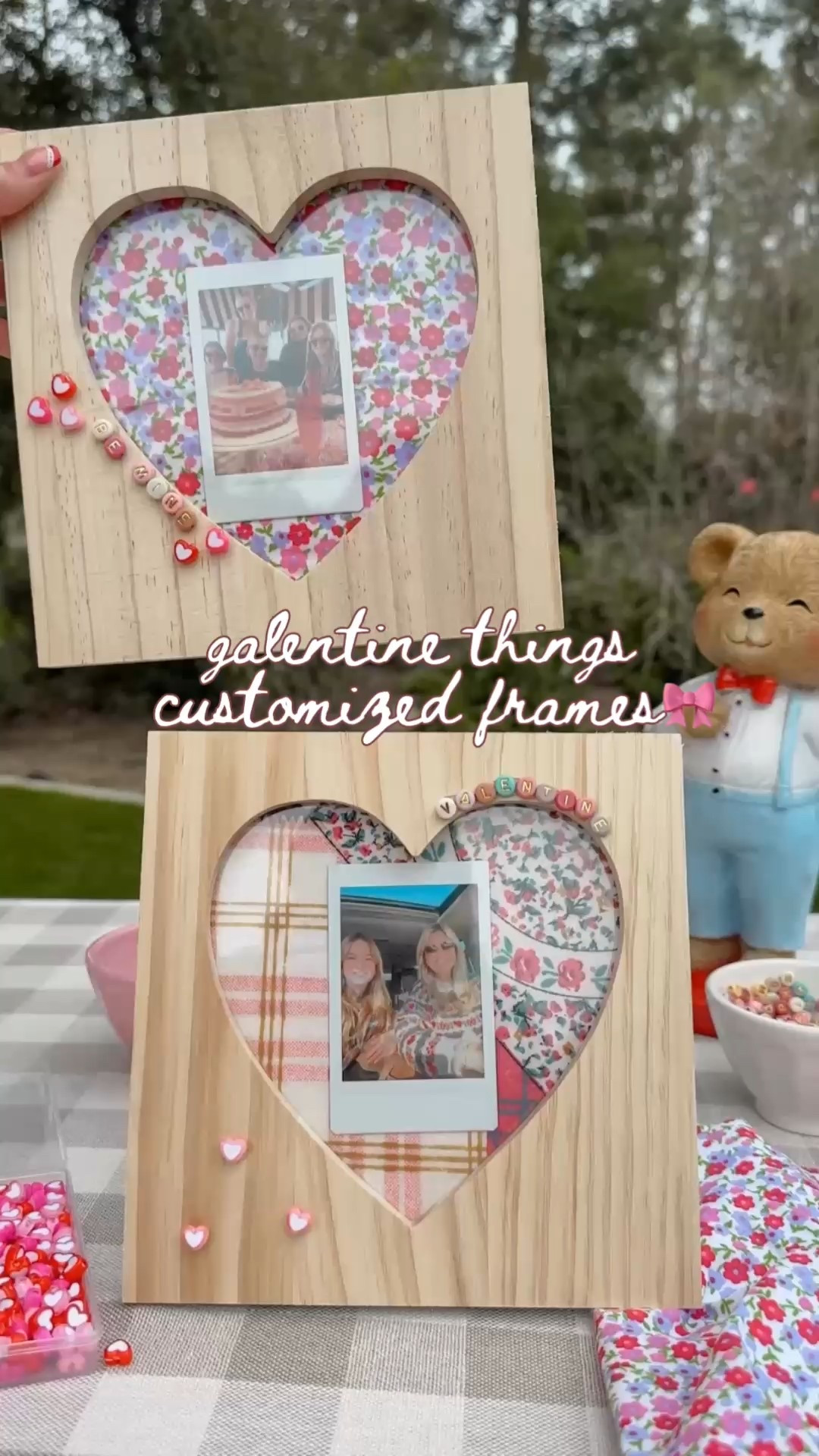 Cutie customized frames!🎀 You can use any scrap of fabric to become your backing. We laid a mini photo down first, covered with the fabric and replaced backing. We didn’t glue or tape, so it could be changed easily. We added a few beads to give some color. 💖🫶🏻💕✨

#LTKHome #LTKSeasonal #LTKselfcare