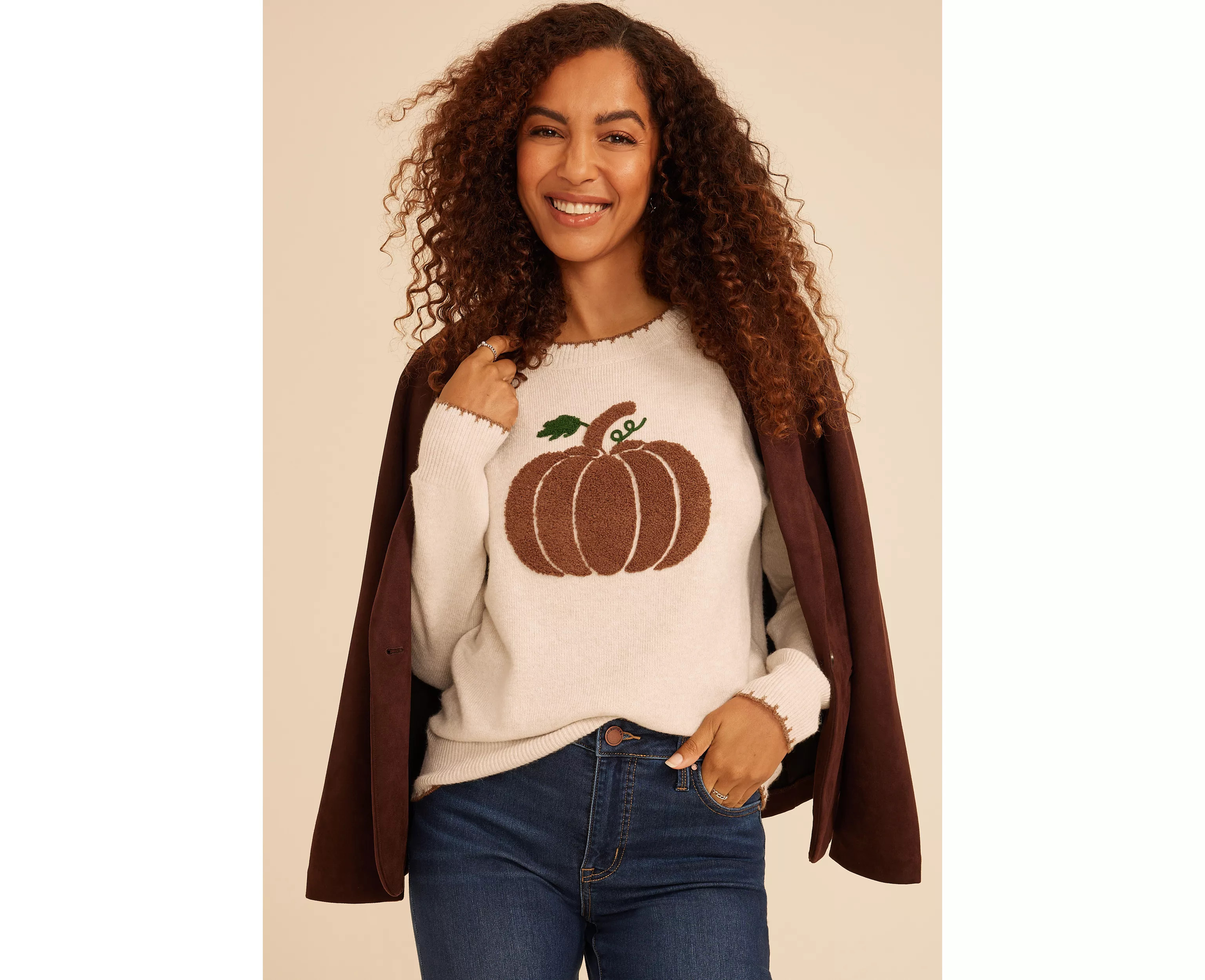Sherpa Pumpkin Whipstitch Crew Neck Sweater | maurices | Maurices