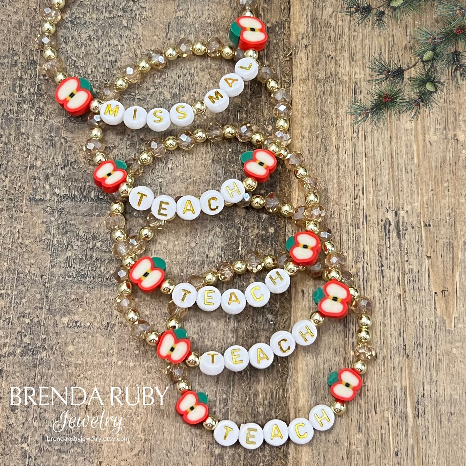 Personalized Bracelet for Teachers, TEACH Bracelets, Crystal and Gold Bracelet, Polymer Clay Appl... | Etsy (US)