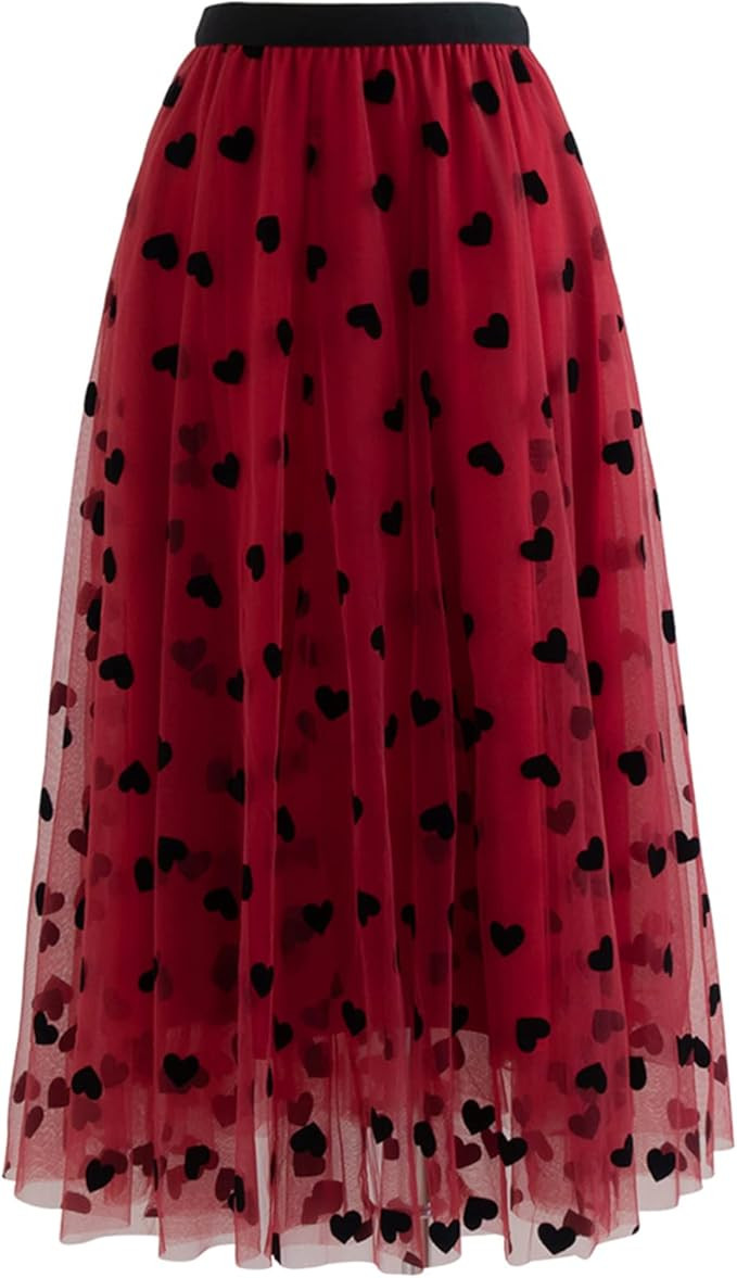 CHICWISH Women's Caramel/Dusty Blue/White/Black 3D Posy Double-Layered Mesh Midi Skirt | Amazon (US)