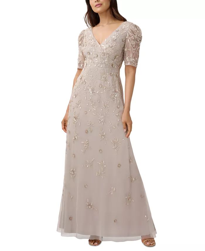 Adrianna Papell Women's Beaded Puff-Sleeve Surplice Gown & Reviews - Dresses - Women - Macy's | Macys (US)